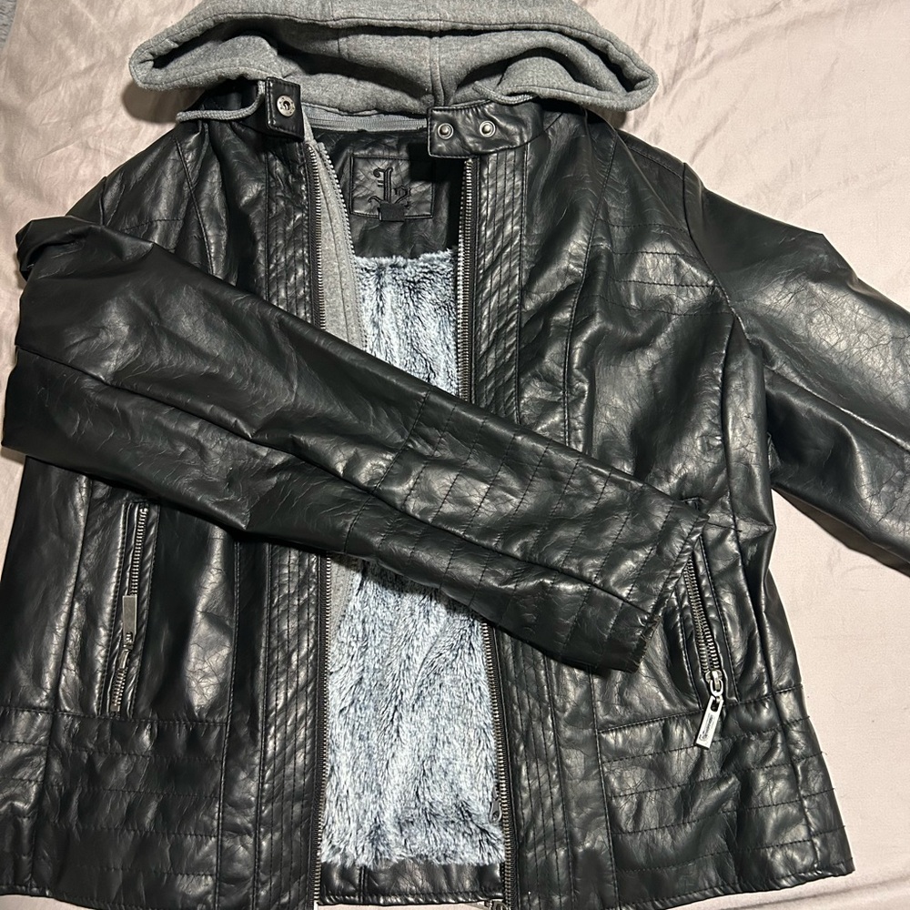 Black Faux Leather Jacket with Grey Hood